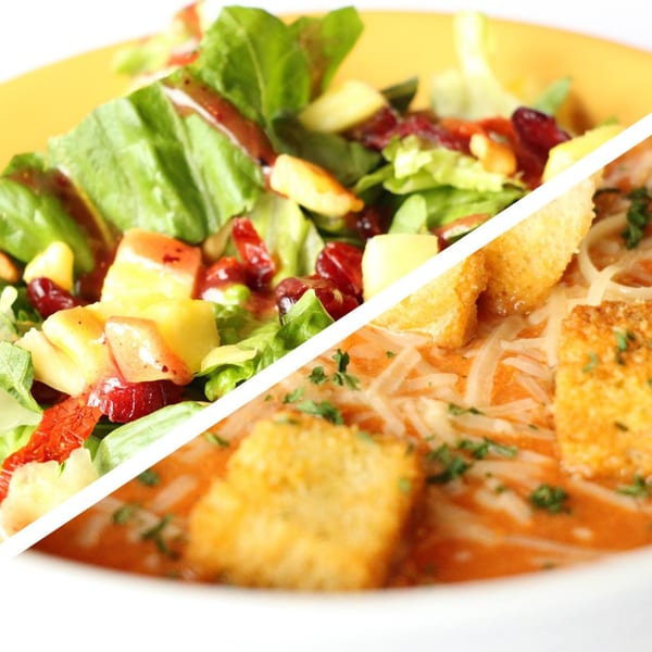 A split image showing a fresh salad with cranberries and pineapple, and a bowl of tomato soup with croutons.