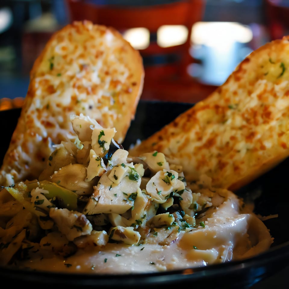 Creamy pasta dish with mushrooms and herbs, served with two slices of cheesy garlic bread.