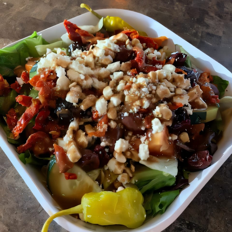 A fresh salad with lettuce, sun-dried tomatoes, feta cheese, olives, and a yellow pepper.