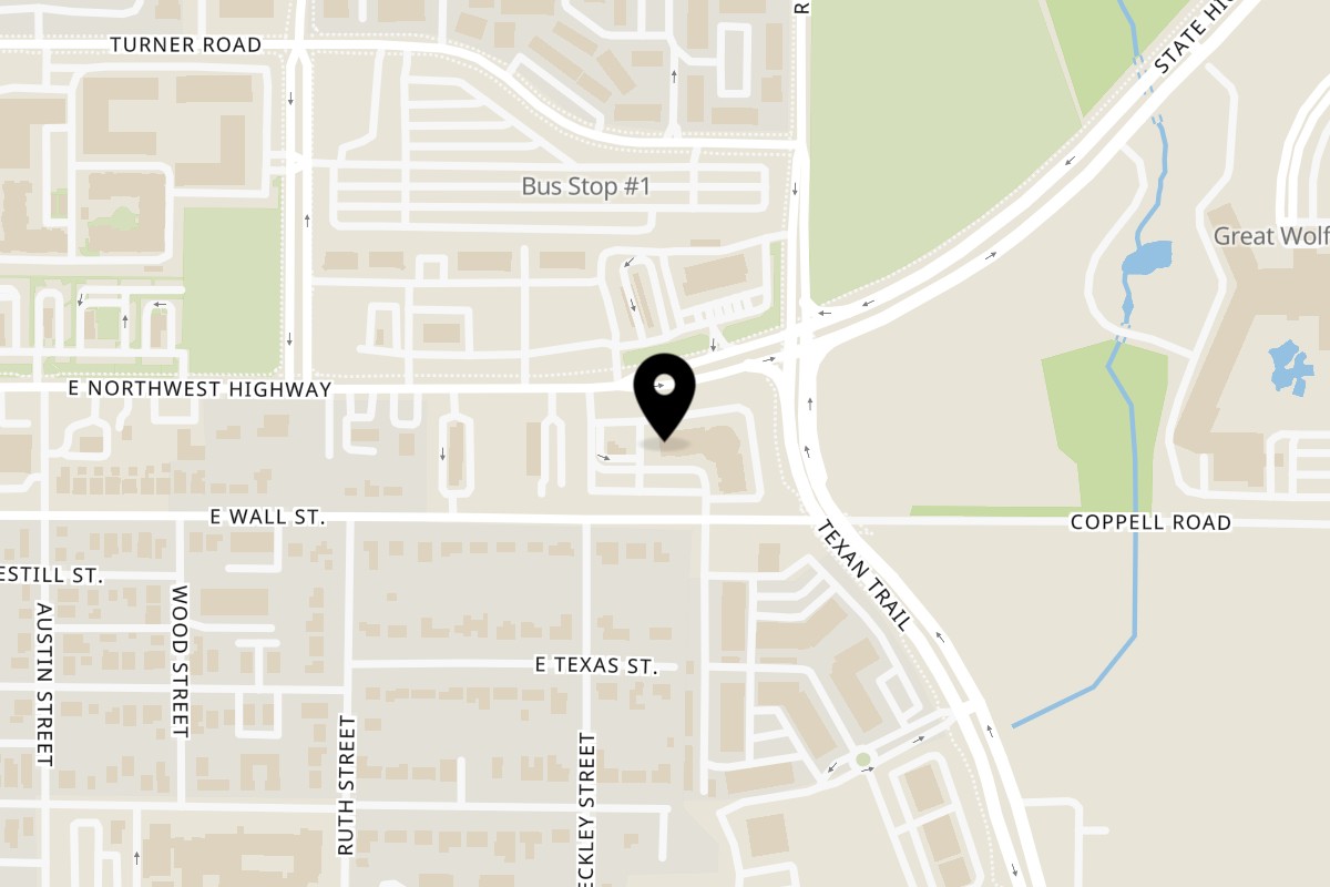 Map showing the location of Palio's Pizza Cafe Grapevine on 1000 Texan Trail #100 in Grapevine